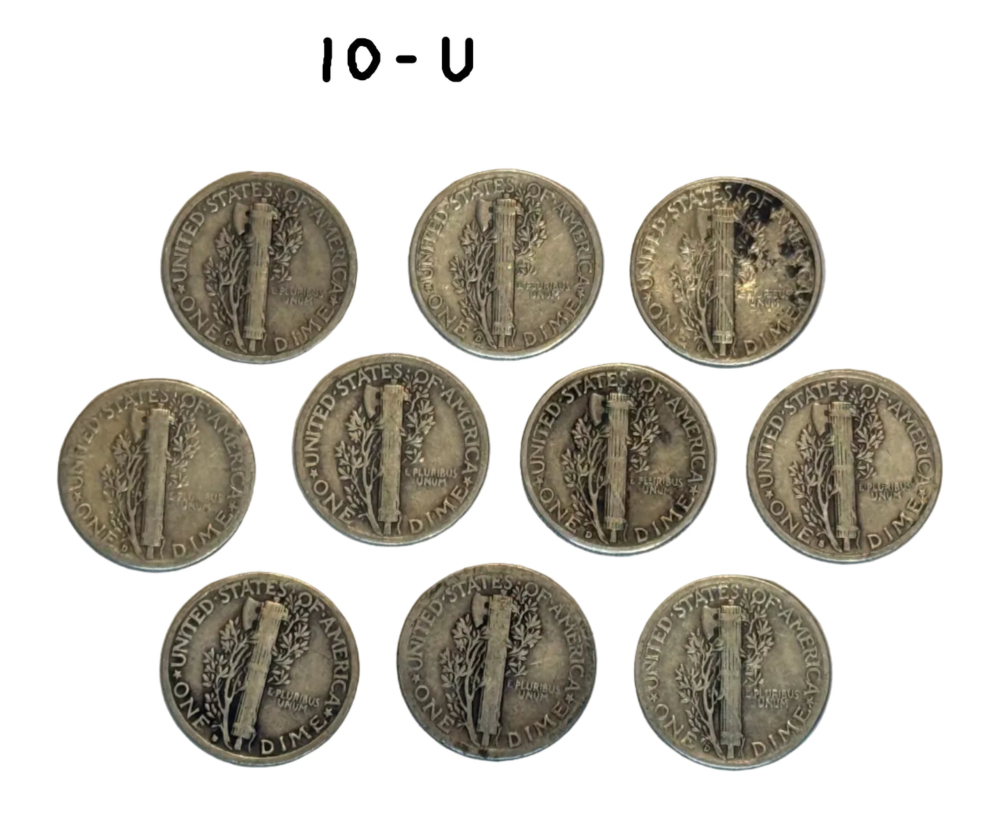 MERCURY DIMES — 10 US 90% Silver Coins Junk Silver - Free Ship - Lot 10-U