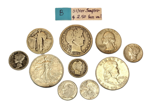 Collection of junk silver coins 'Silver Sampler' and '2.50 face value'.