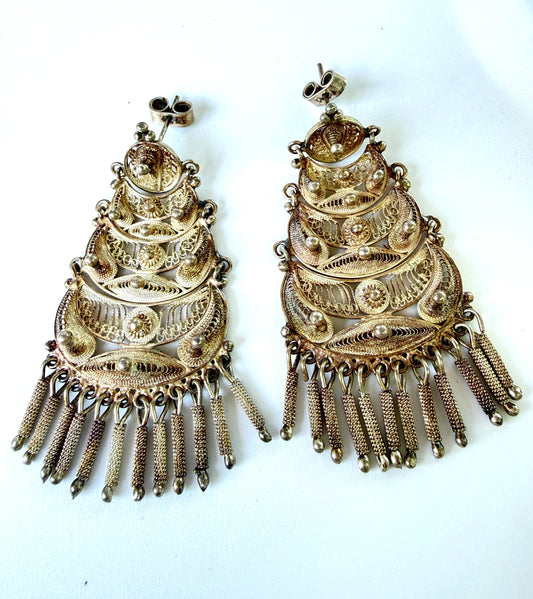 Vintage Artisan Filigree Tiered Sterling Silver Earrings Peru Chandelier Dangles 2.5" Long for Pierced Ears (Copy)