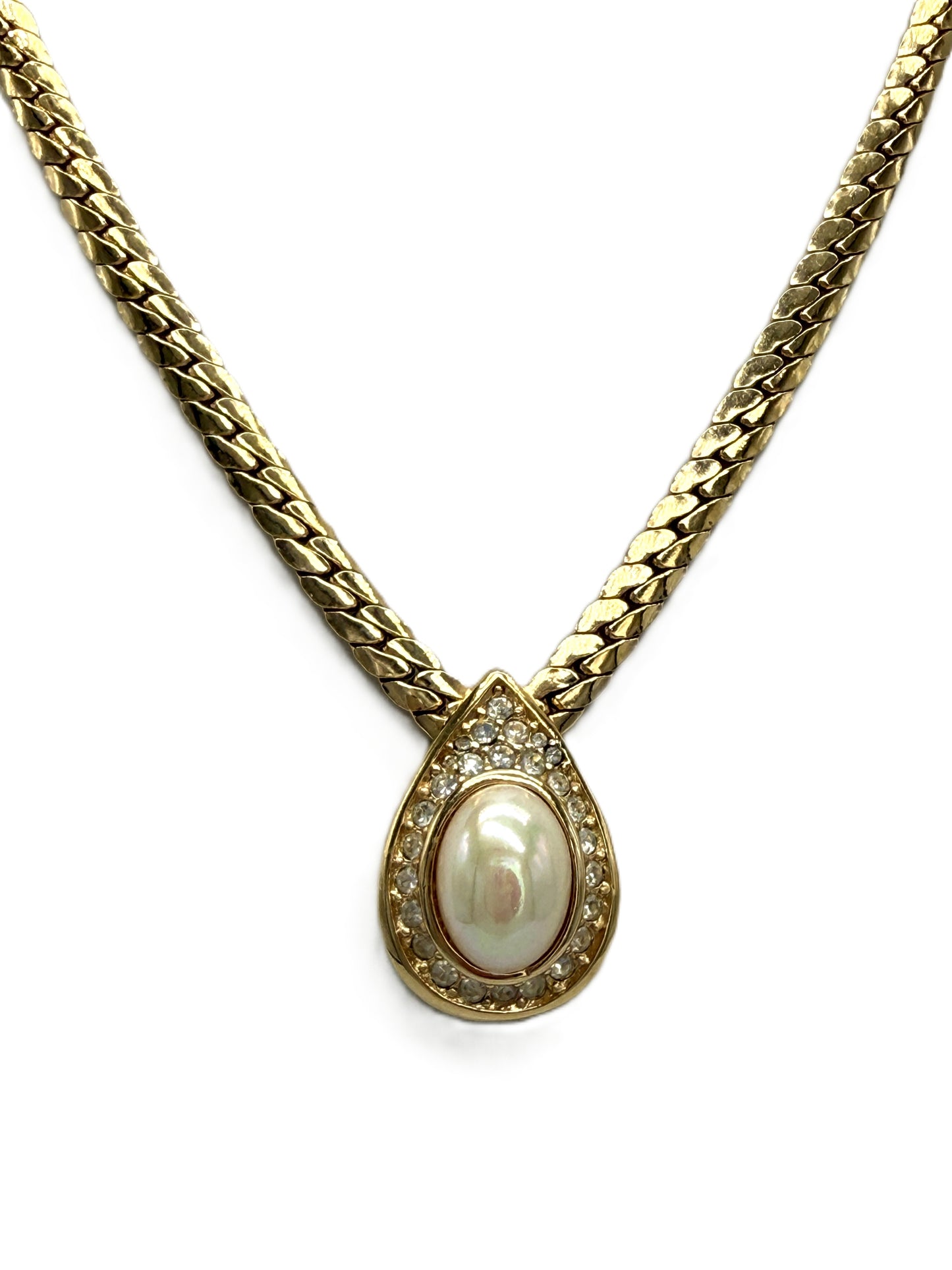 Vintage Christian Dior Pearl & Crystal Pendant Herringbone Necklace — Signed | 1980s | Gold-Tone | 16"