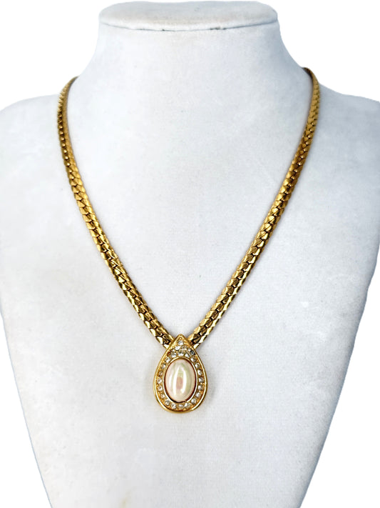 Christian Dior vintage 1980s necklace, gold herringbone chain, pearl drop pendant