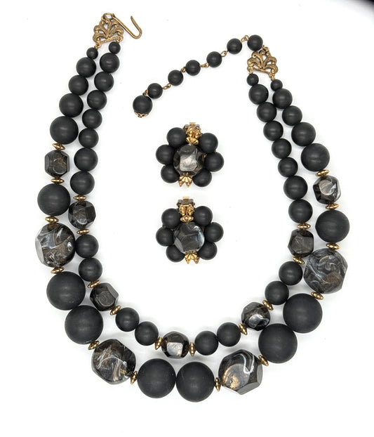 Vintage 1950s Matte Black Bead Necklace & Earrings Set — 2-Strand | Faux Pearl | Marbleized Beads | Clip Earrings