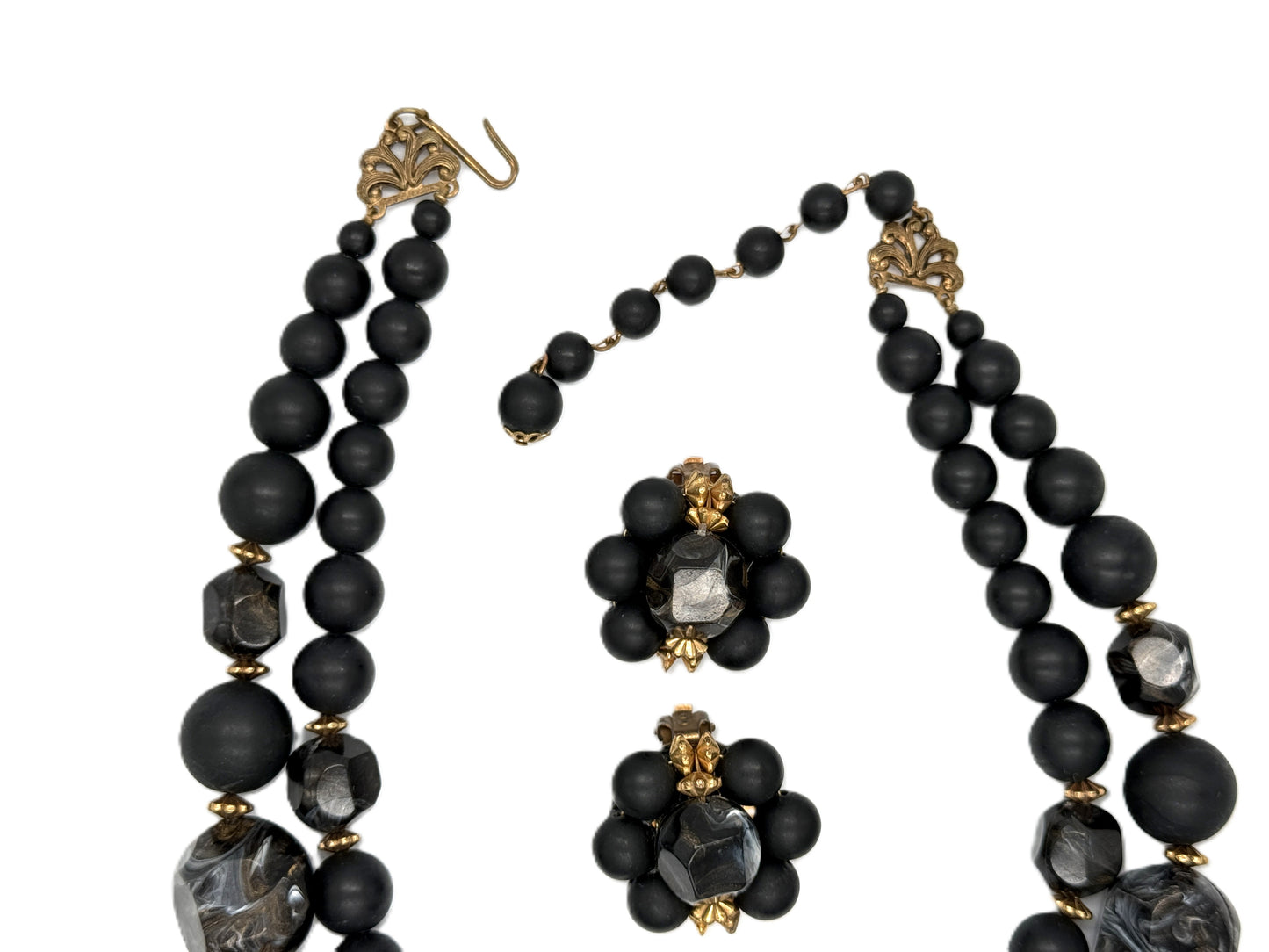Vintage 1950s Matte Black Bead Necklace & Earrings Set — 2-Strand | Faux Pearl | Marbleized Beads | Clip Earrings