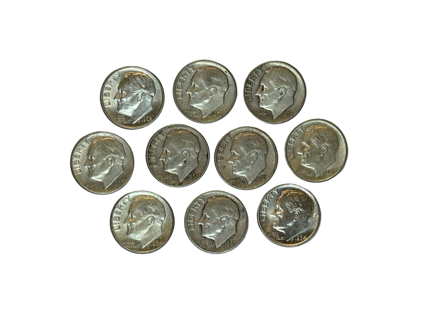 Lot of 10 US coins 90 percent silver Roosevelt dimes $1.00 face value