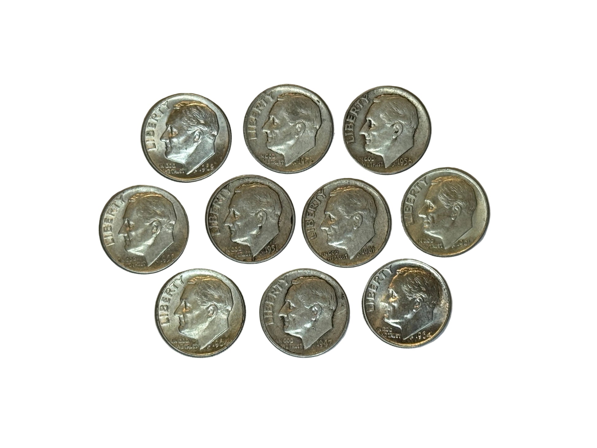 Lot of 10 US coins 90 percent silver Roosevelt dimes $1.00 face value