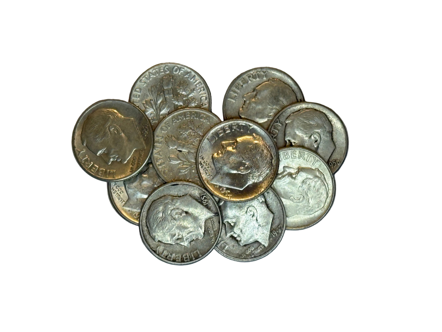 Lot of 10 US coins 90 percent silver Roosevelt dimes $1.00 face value