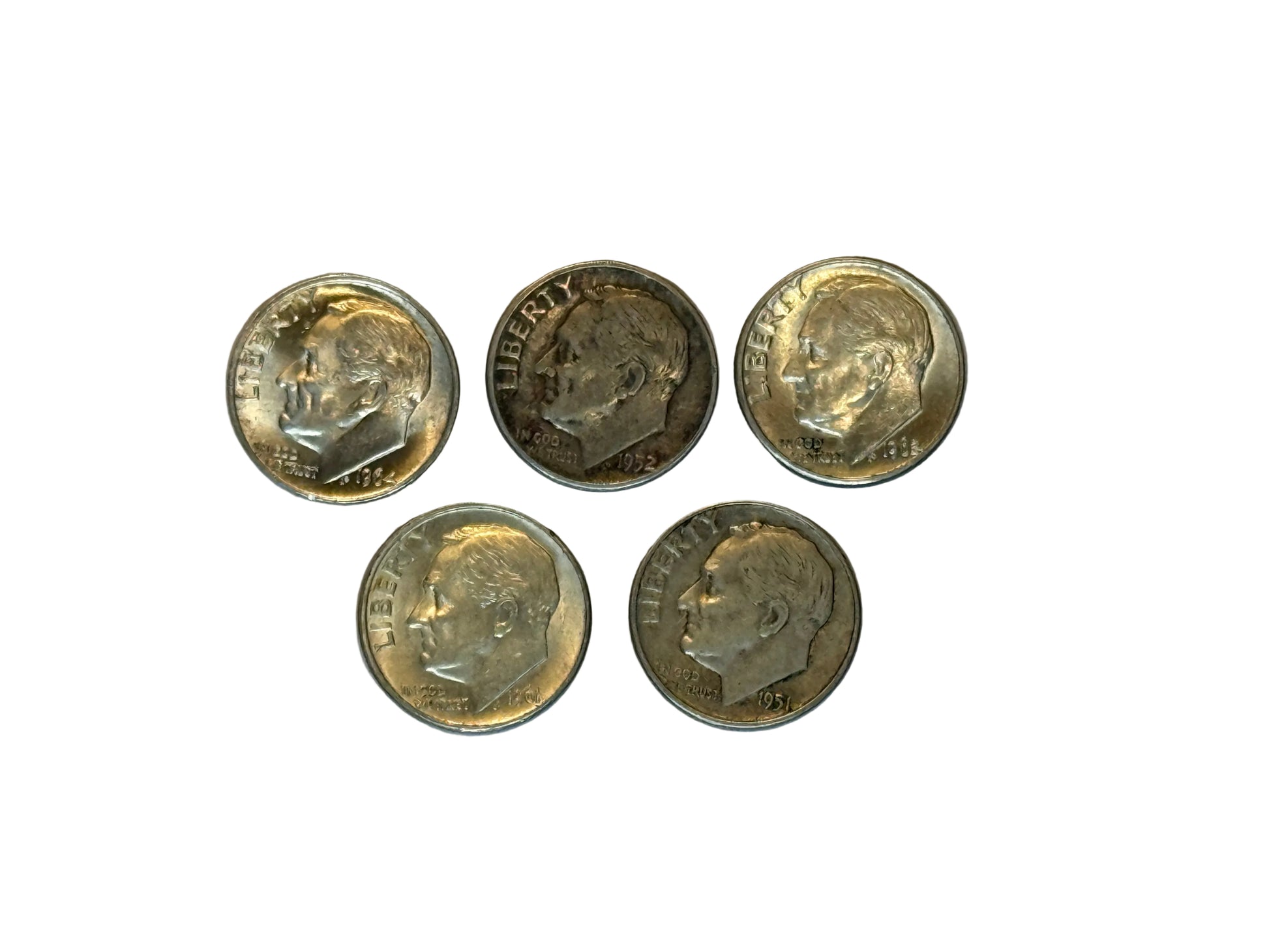 Lot of 5 US coins 90 percent silver Roosevelt dimes $0.50 face value