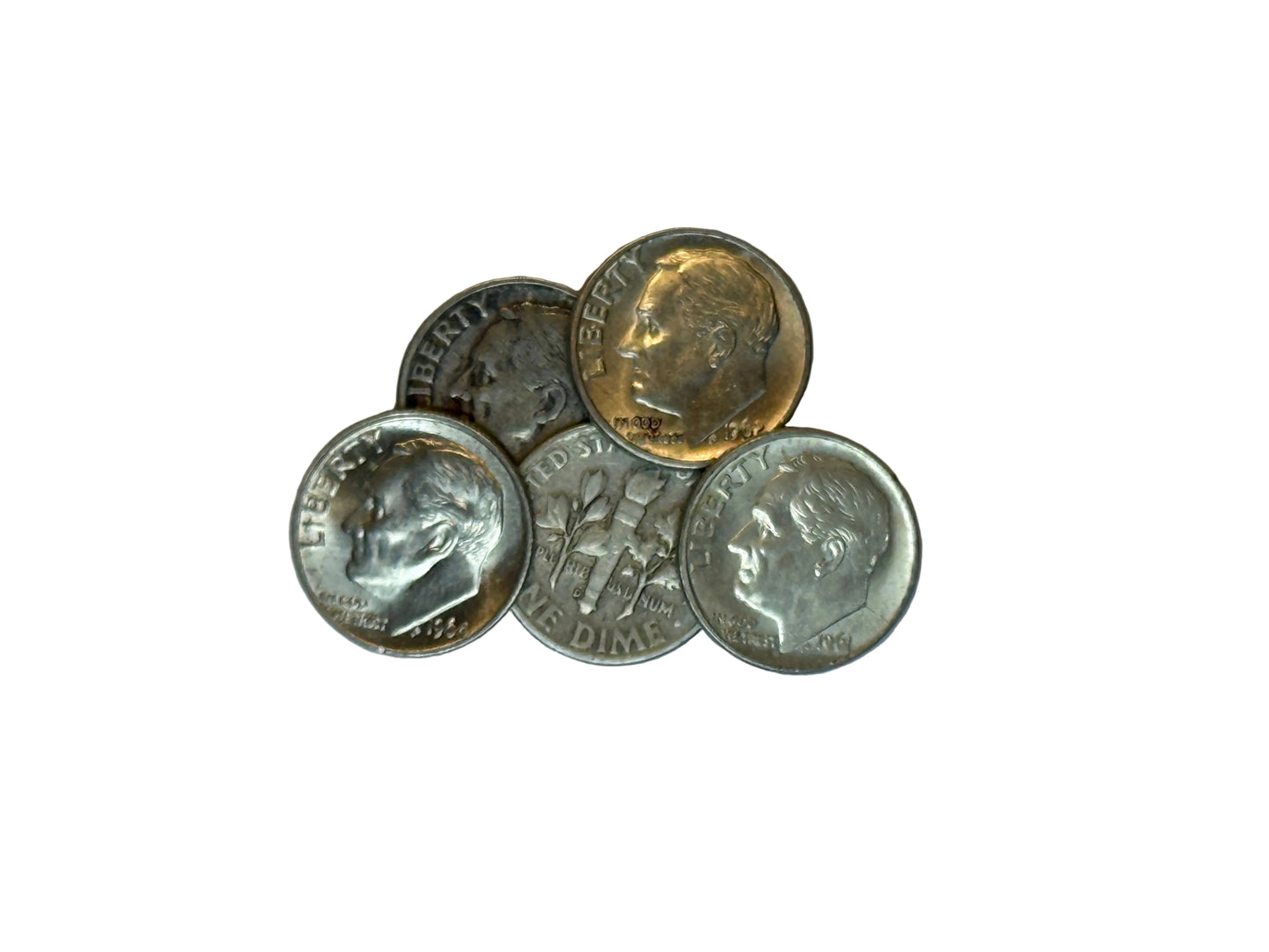Lot of 5 US coins 90 percent silver Roosevelt dimes $0.50 face value
