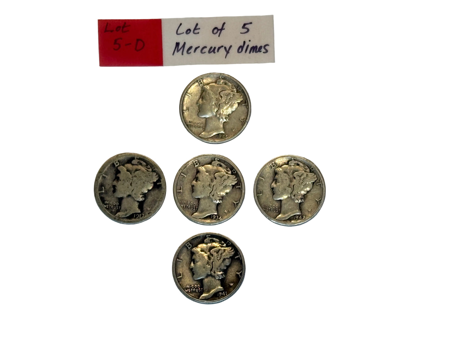 Lot of five Mercury dimes 90 percent silver US coins