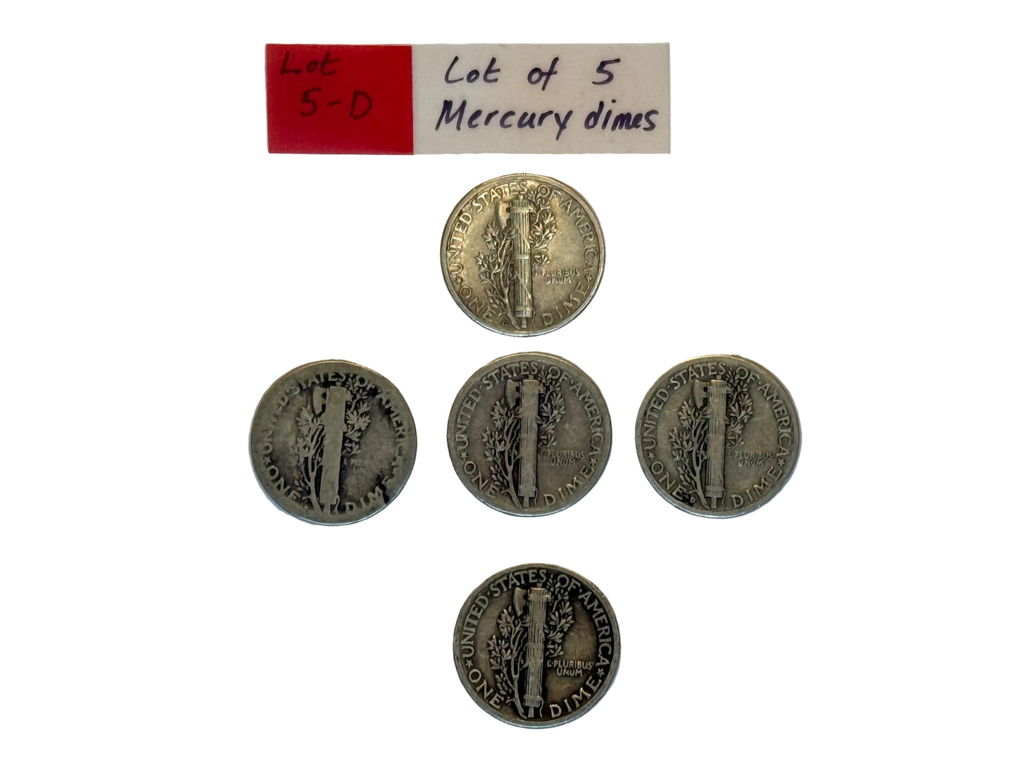 Five Mercury dimes 90 percent silver coins