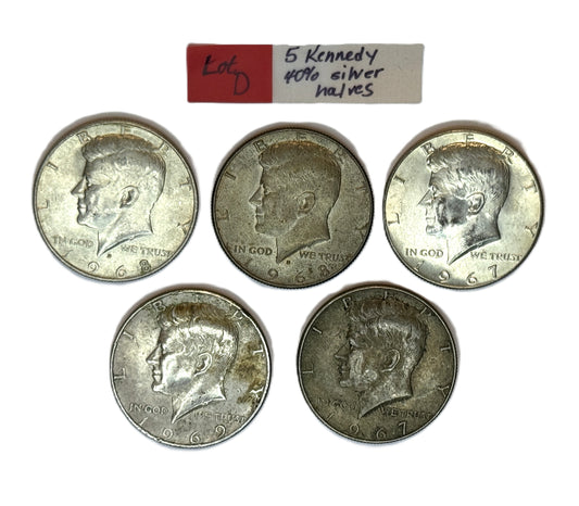 Lot of 5 Kennedy 40 percent silver half dollar coins 1967 1968 1969 JFK
