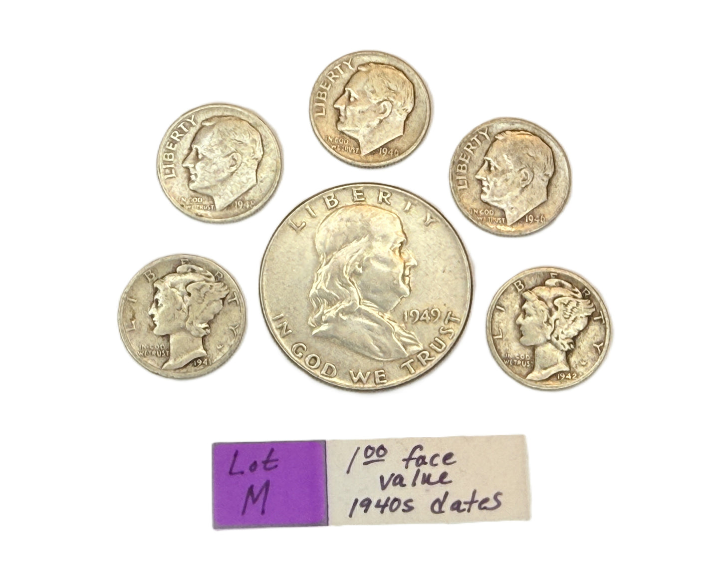 $1.00 face value US silver coins 1940s dates Franklin half mercury roosevelt dimes