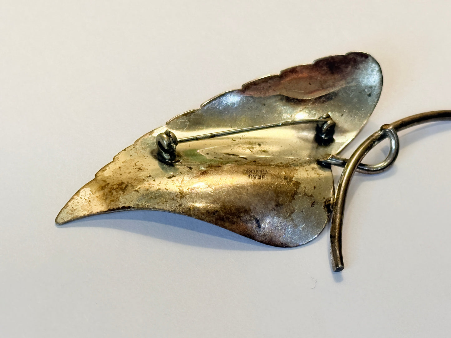 Vintage Signed Beau Sterling Silver Leaf Pin Abstract Brooch 3 Inch Modernist
