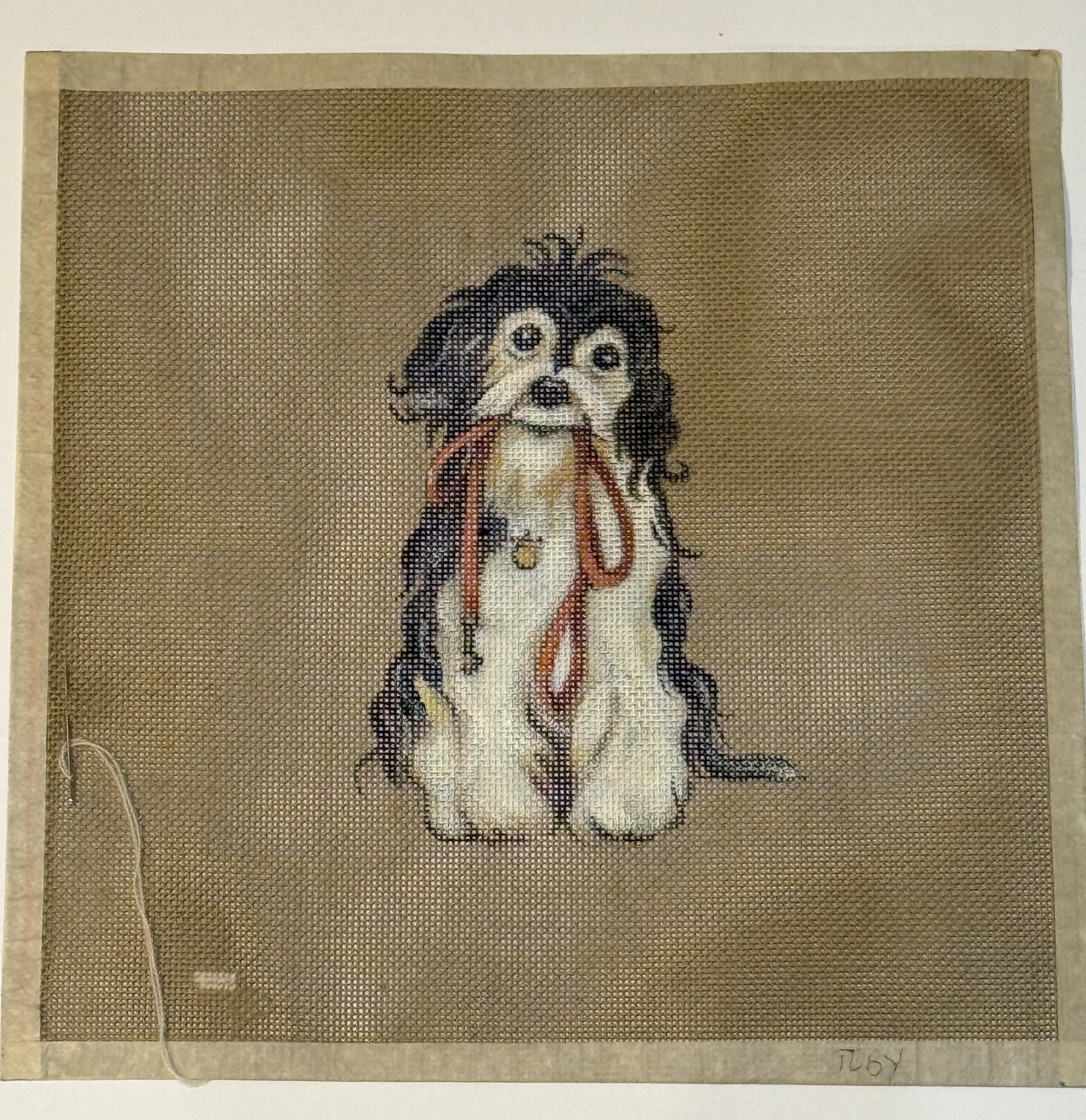 hand painted needlepoint canvas of a spaniel dog