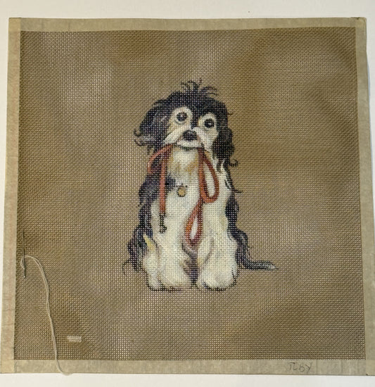 hand painted needlepoint canvas of a spaniel dog