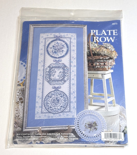 Blue Toile Plate Row Counted Cross Stitch Kit 9973 Vertical Design Works