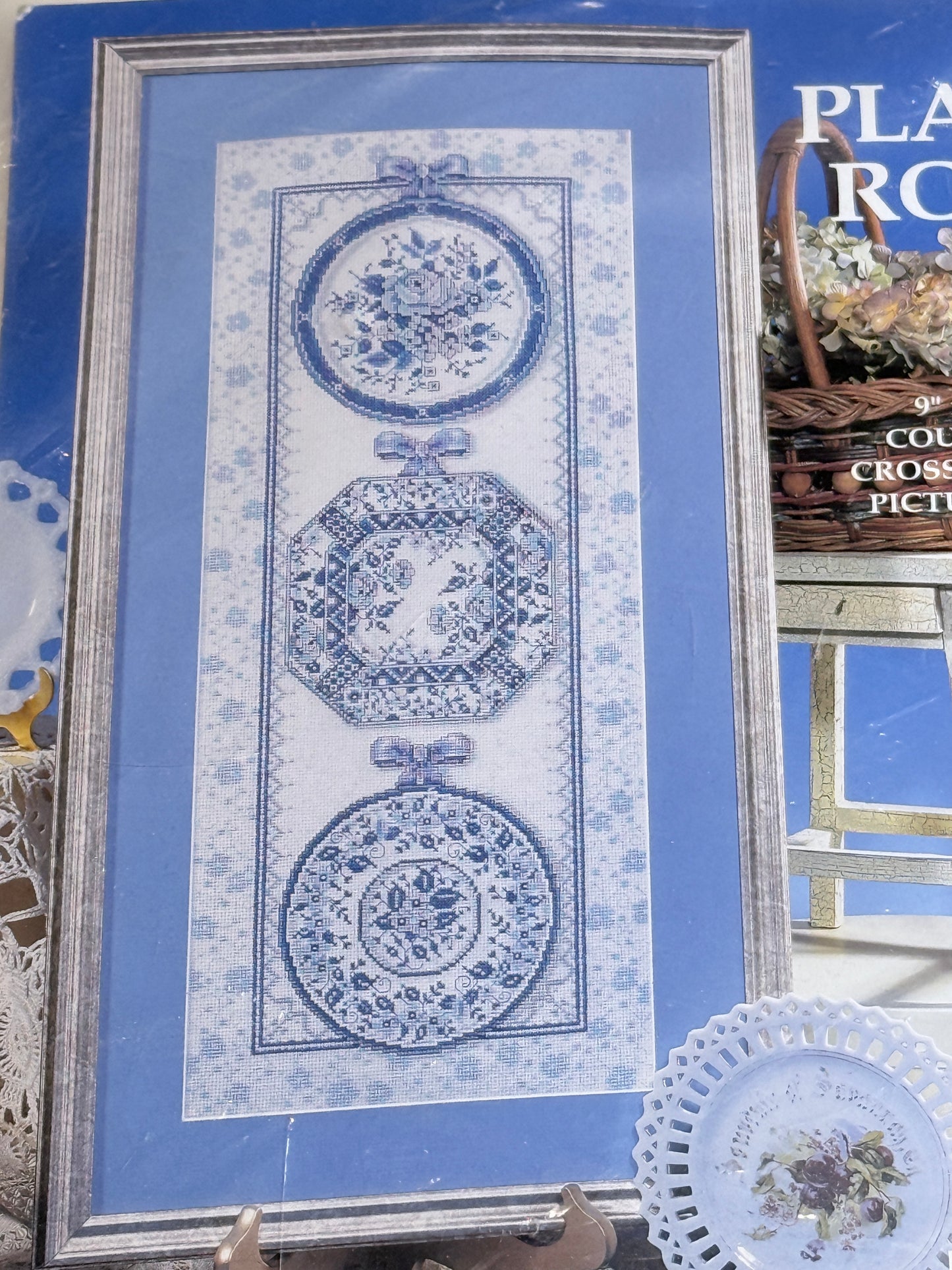 Blue Toile Plate Row Counted Cross Stitch Kit 9973 Vertical Design Works