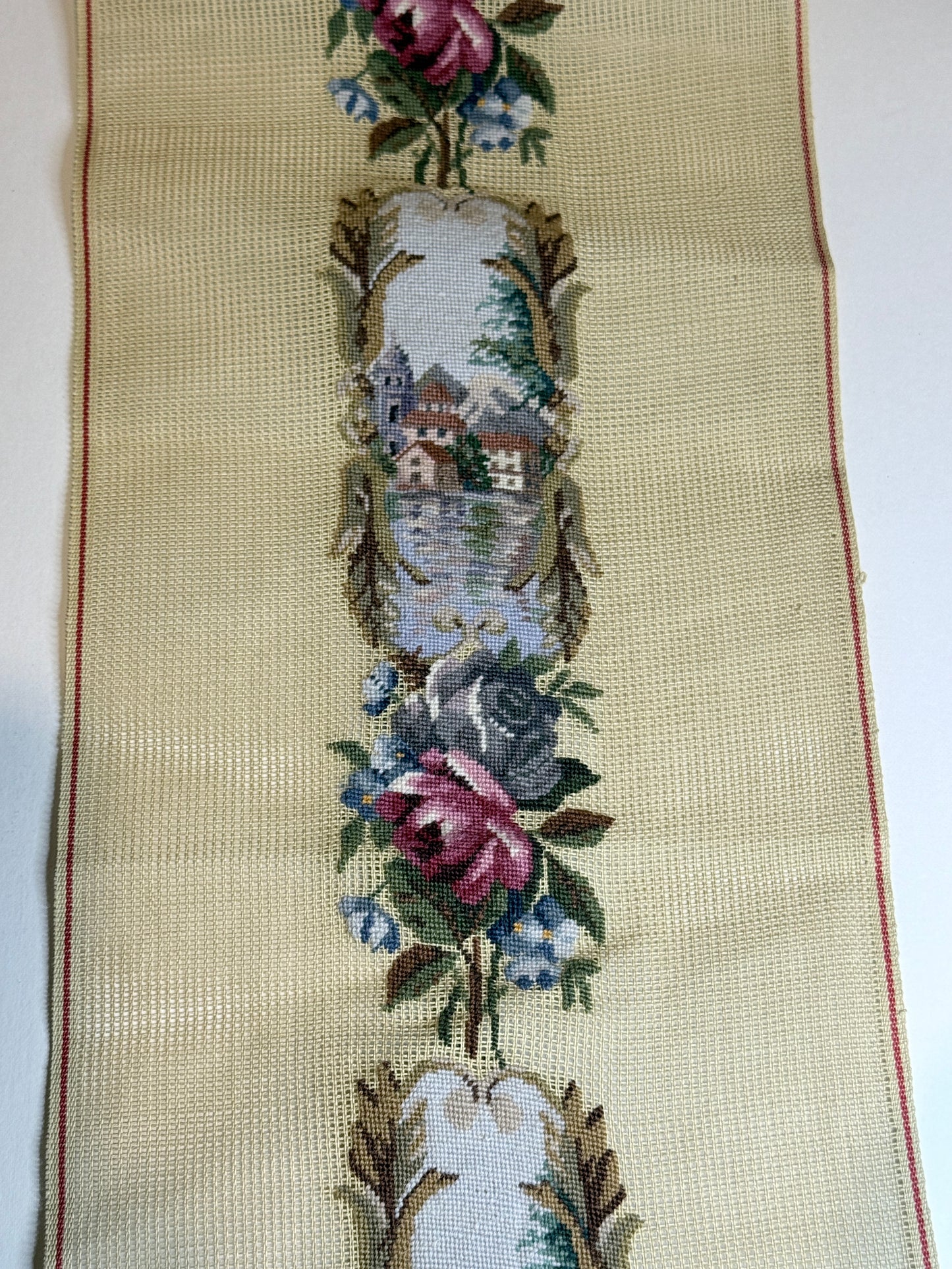 preworked needlepoint bell pull roses and alpine village