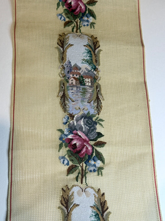 preworked needlepoint bell pull roses and alpine village