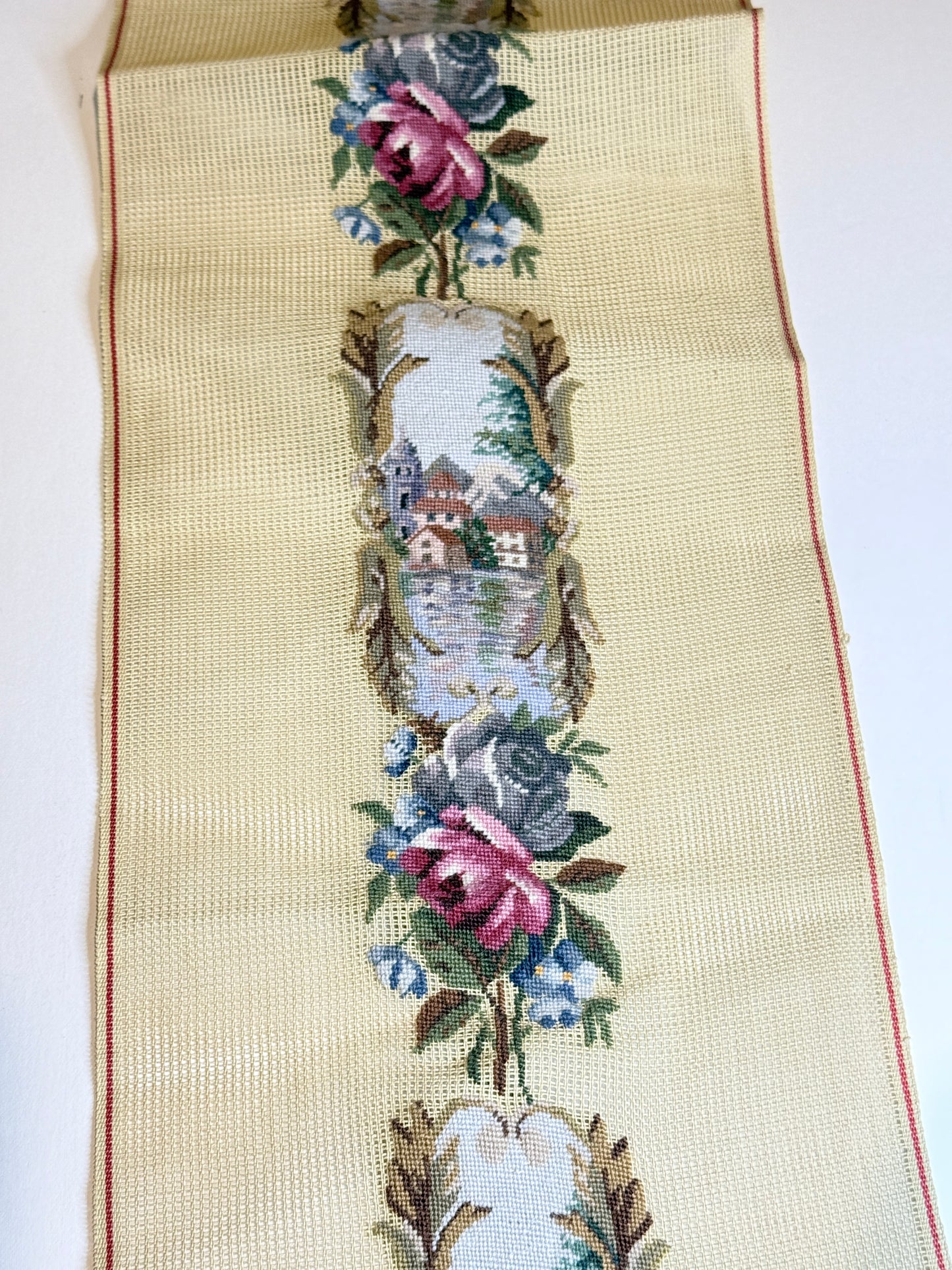 Petit Point Roses and Scenic Village Needlepoint Bell Pull Pre-worked