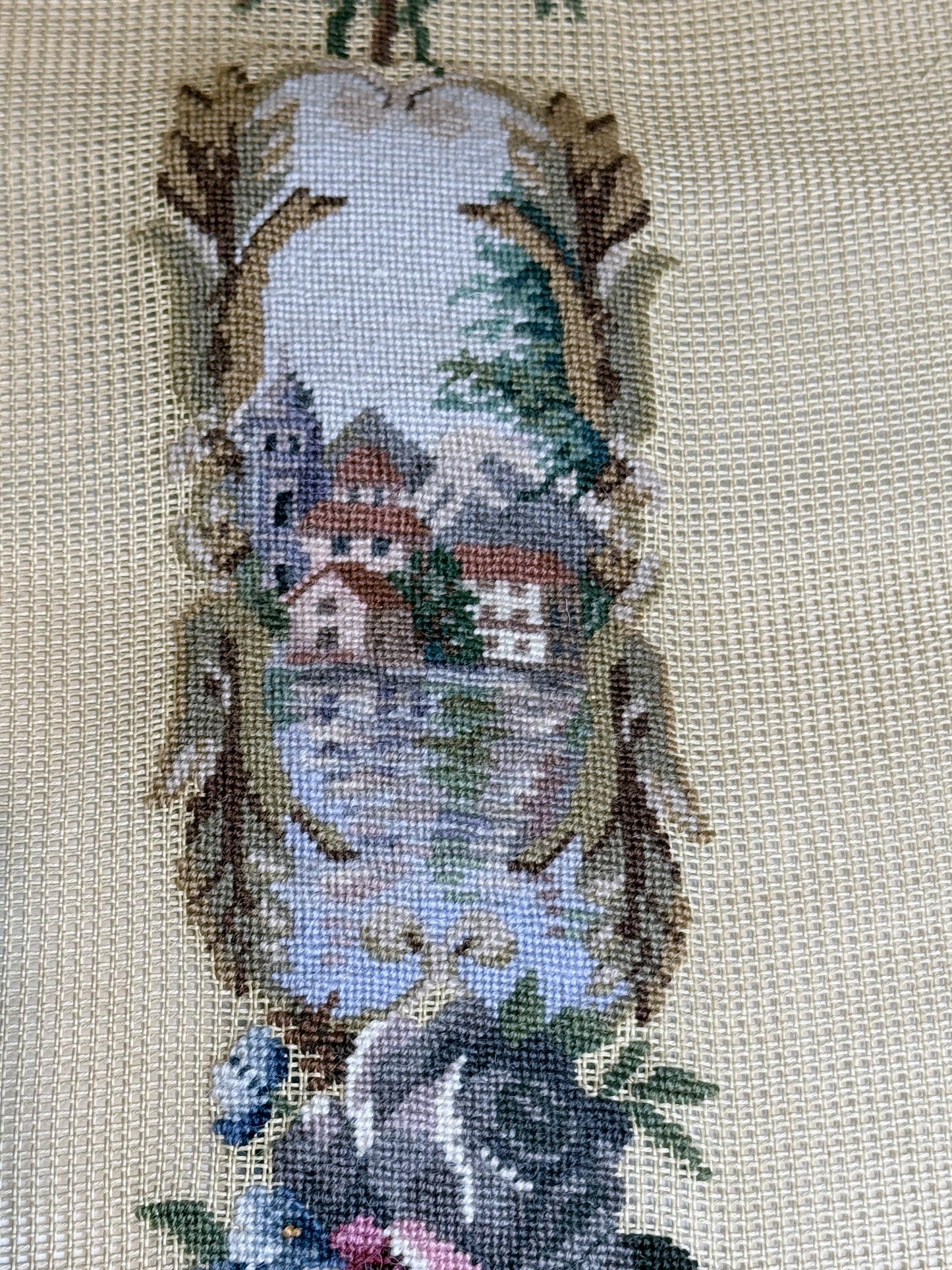 Petit Point Roses and Scenic Village Needlepoint Bell Pull Pre-worked
