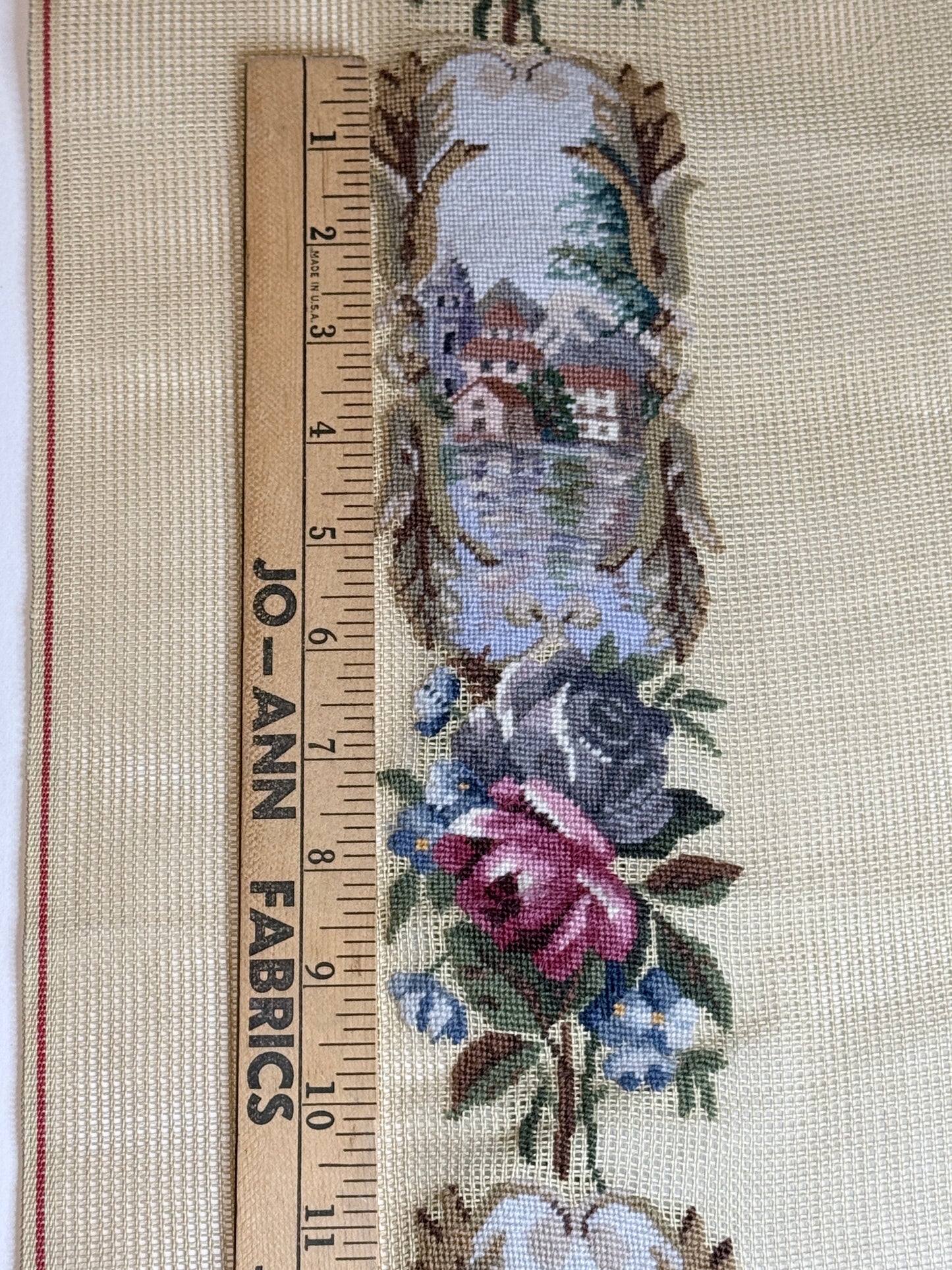 Petit Point Roses and Scenic Village Needlepoint Bell Pull Pre-worked