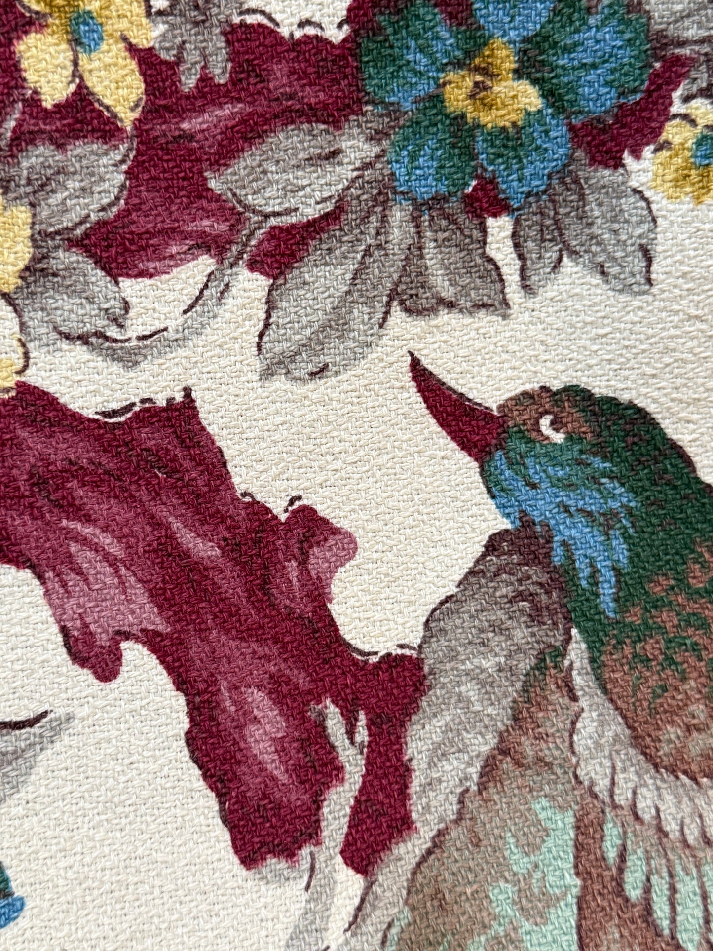 Vintage 1940s Bark Cloth Fabric Tropical Birds and Flowers 84 x 46