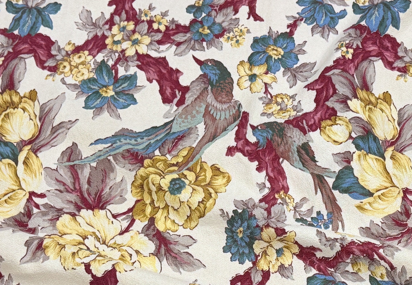 Bark Cloth Vintage 1940s Drapery Fabric Panel Tropical Birds and Flowers 82 x 47