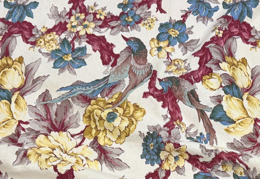 Bark Cloth Vintage 1940s Drapery Fabric Panel Tropical Birds and Flowers 82 x 47