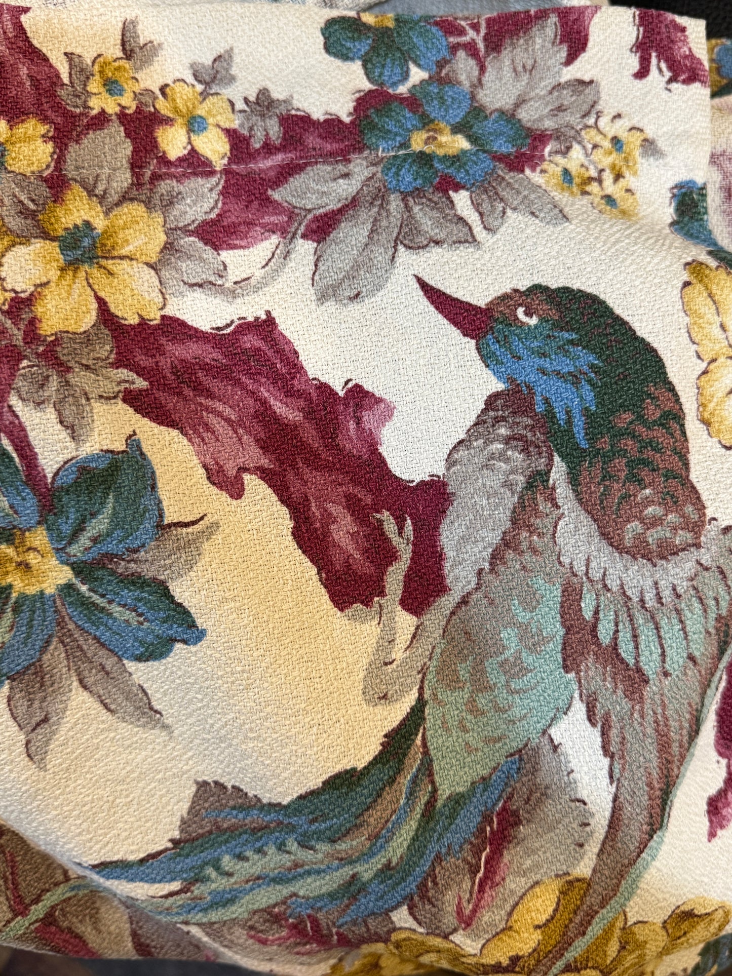 Bark Cloth Vintage 1940s Drapery Fabric Panel Tropical Birds and Flowers 82 x 47