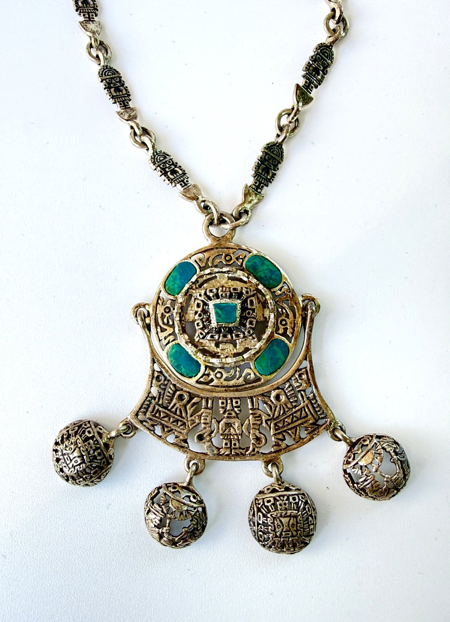 Vintage Sterling Silver Peruvian figural fetish necklace with filigree pendant and chrysocolla inlay