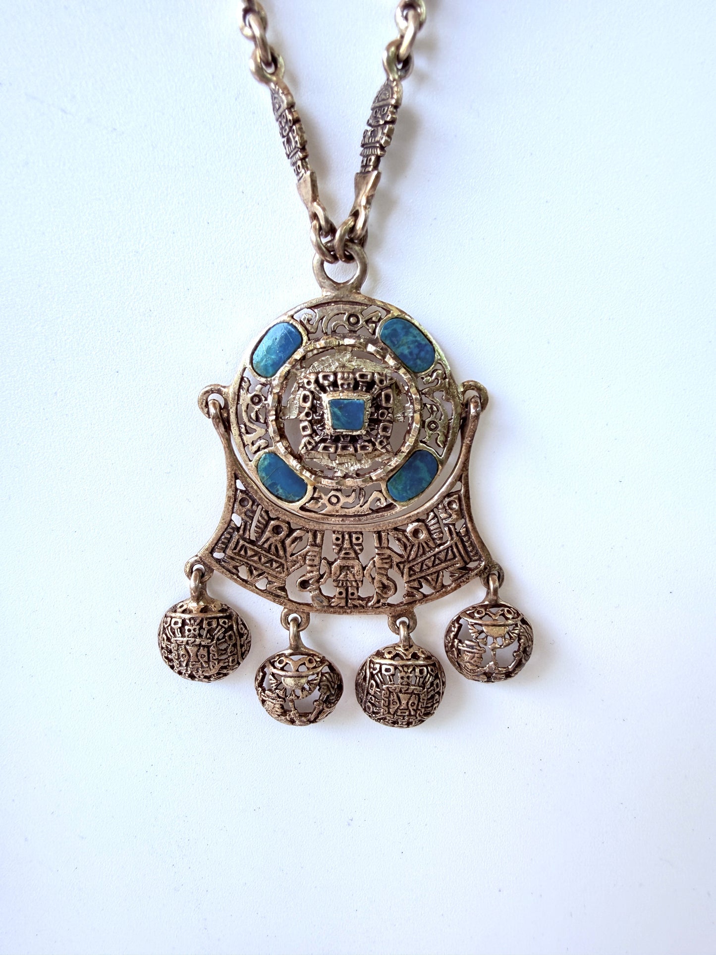 statement sterling pendant necklace from Peru with chrysocolla inlay and filigree