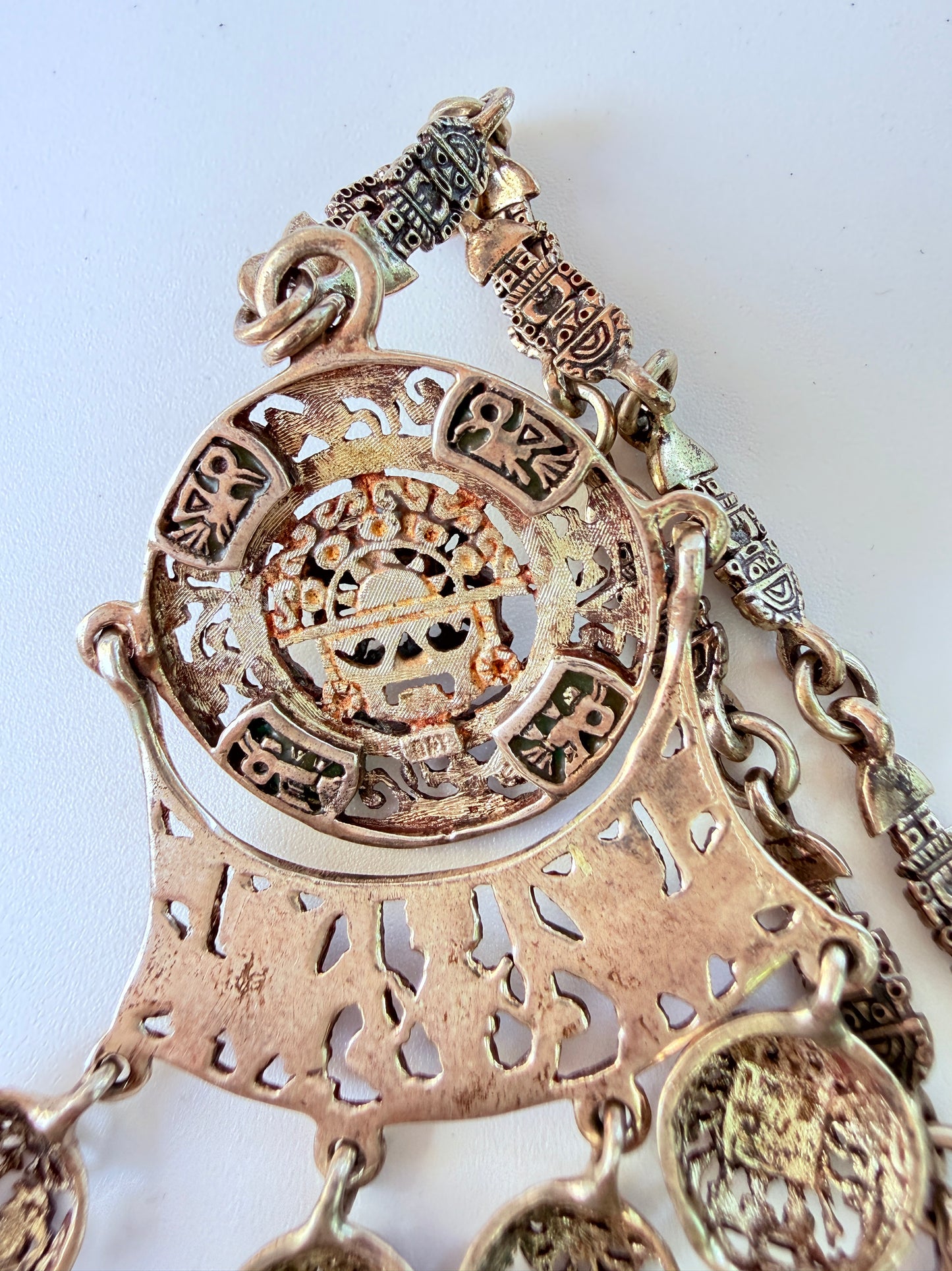 Vintage Sterling Silver Peru Artisan Fetish Necklace with Figural Filigree Pendant Inlaid Chrysocolla