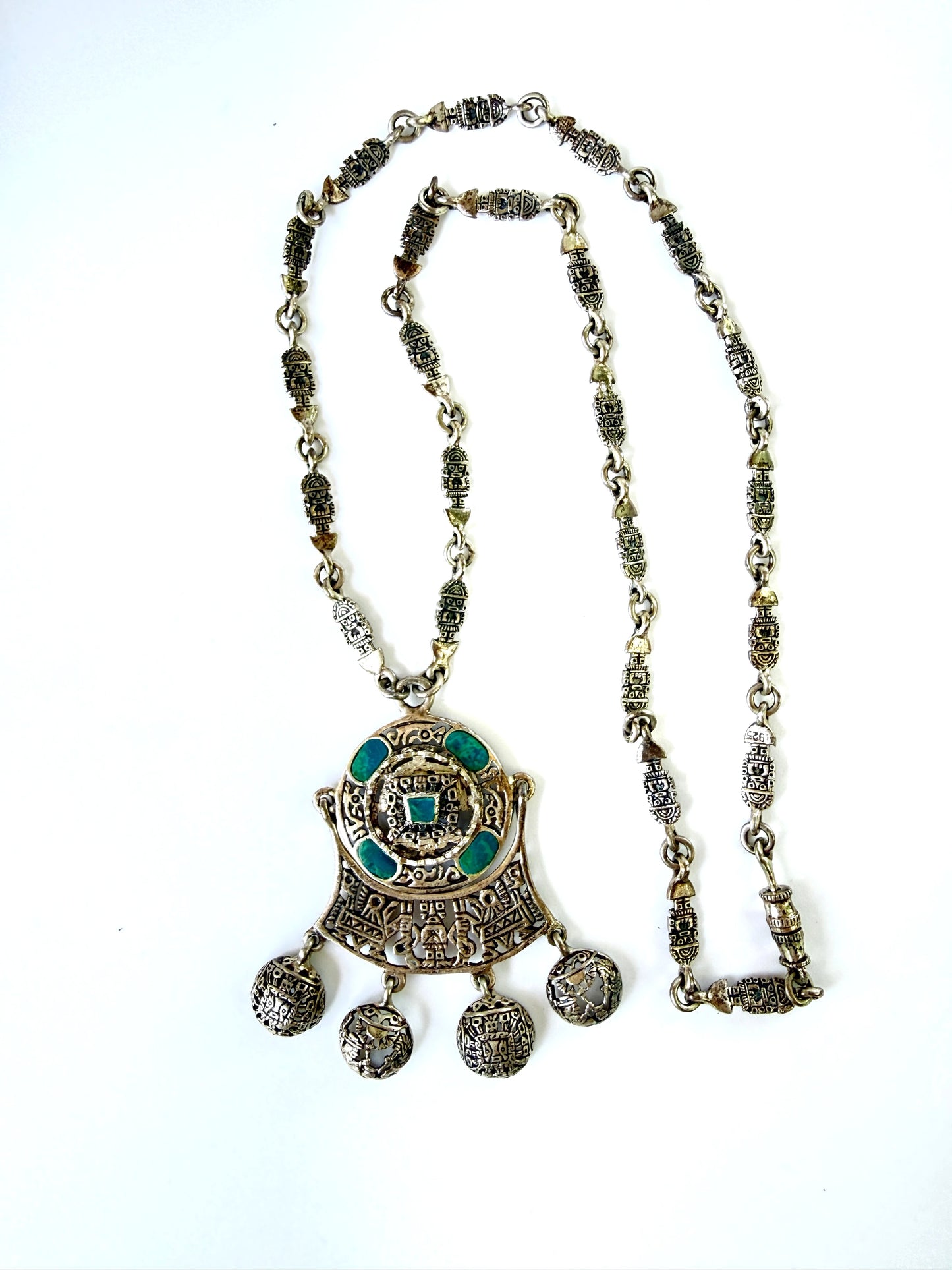 Vintage Sterling Silver Peruvian statement fetish chain necklace with filigree pendant and chrysocolla inlay