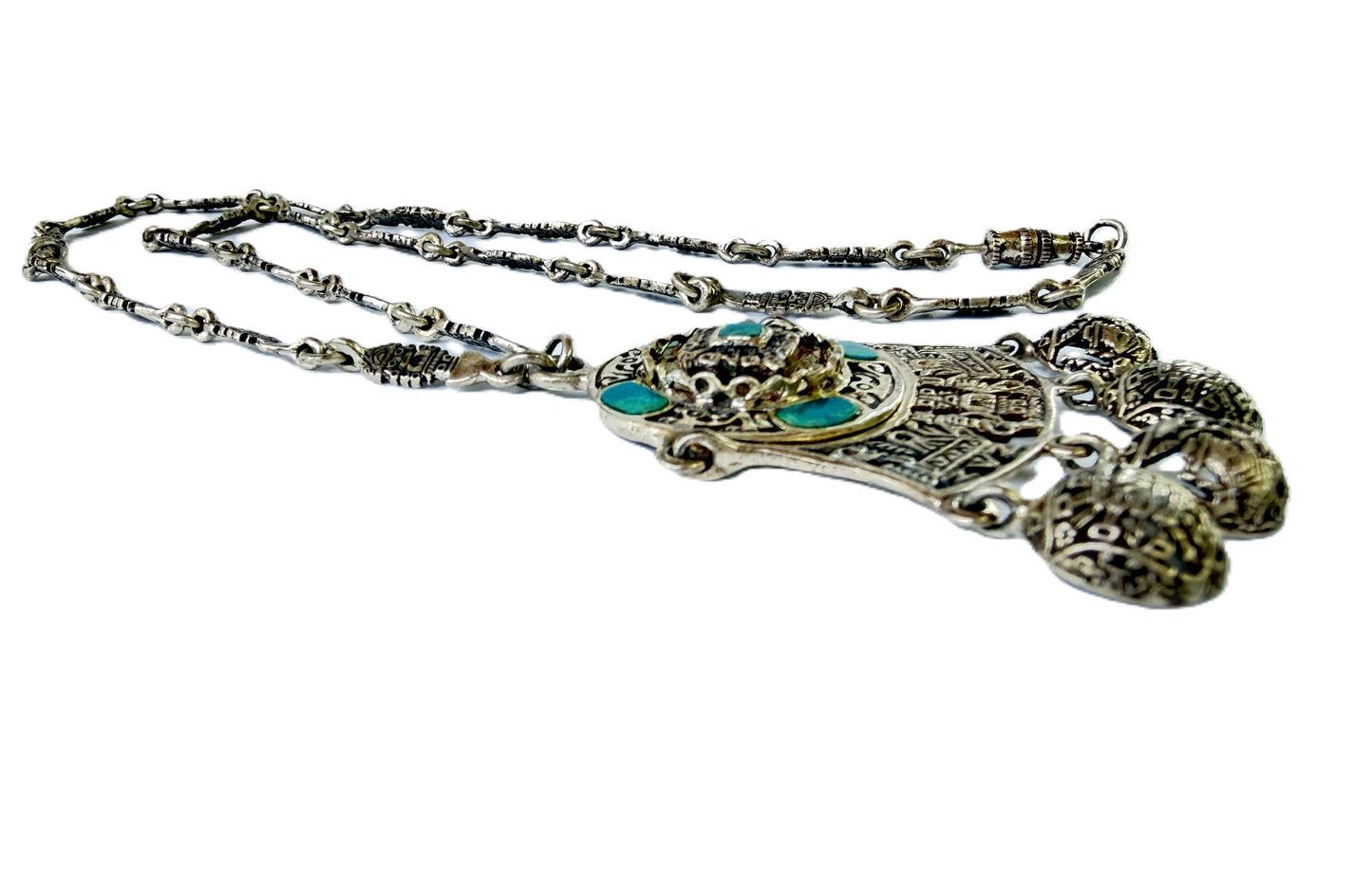 Vintage Sterling Silver Peruvian necklace with filigree pendant and chrysocolla inlay