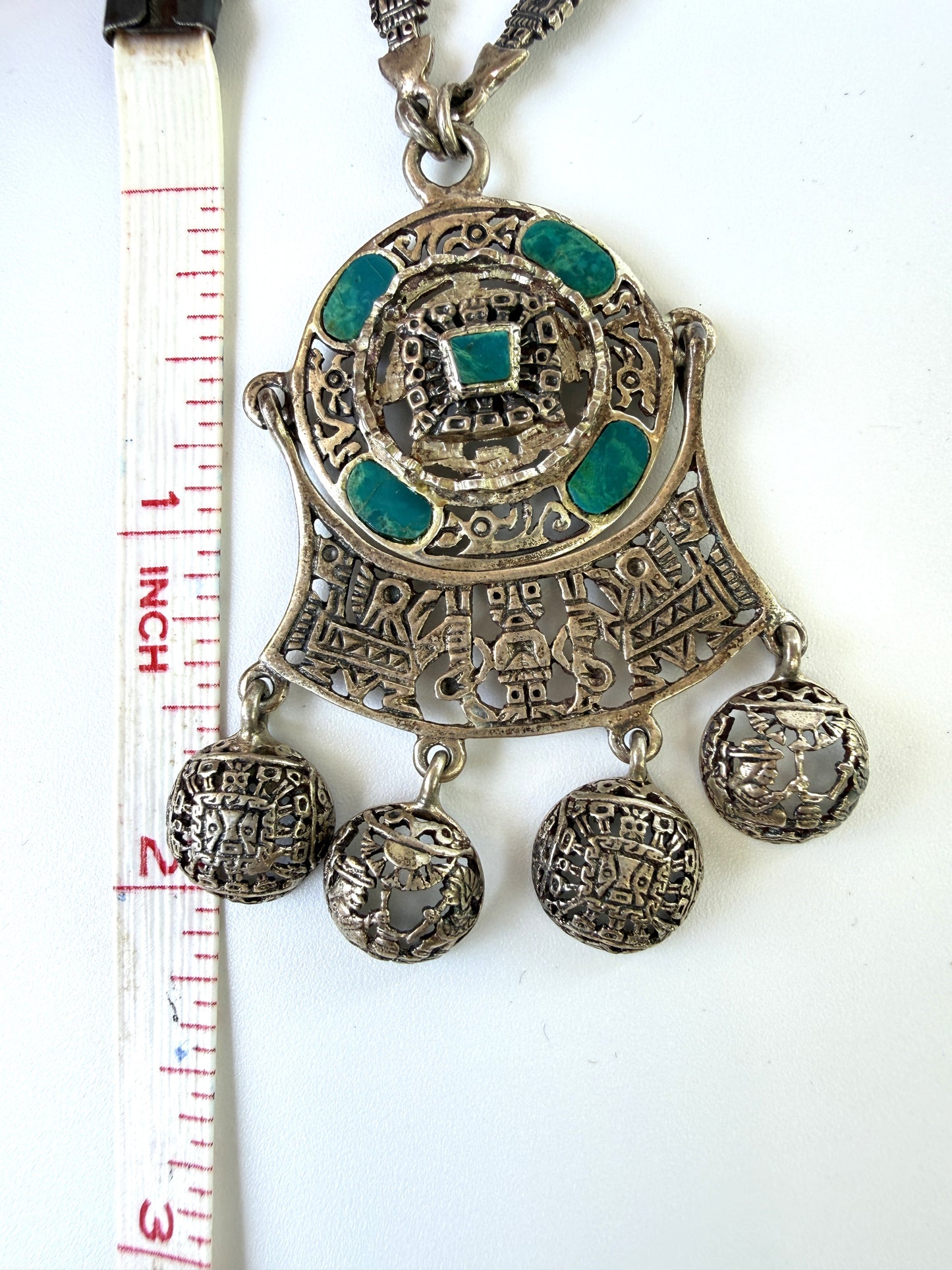 Vintage Sterling Silver Peru Artisan Fetish Necklace with Figural Filigree Pendant Inlaid Chrysocolla