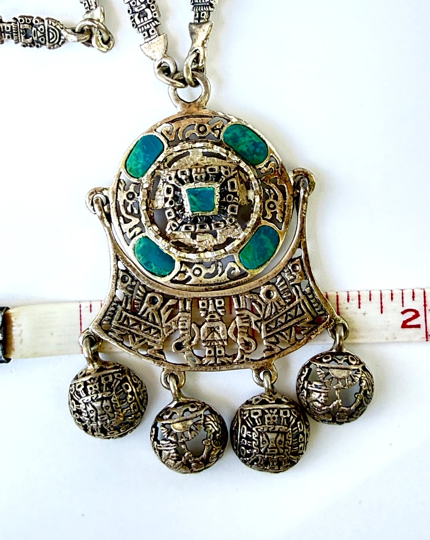 sterling mid century Peru necklace with 1.5 inch wide pendant