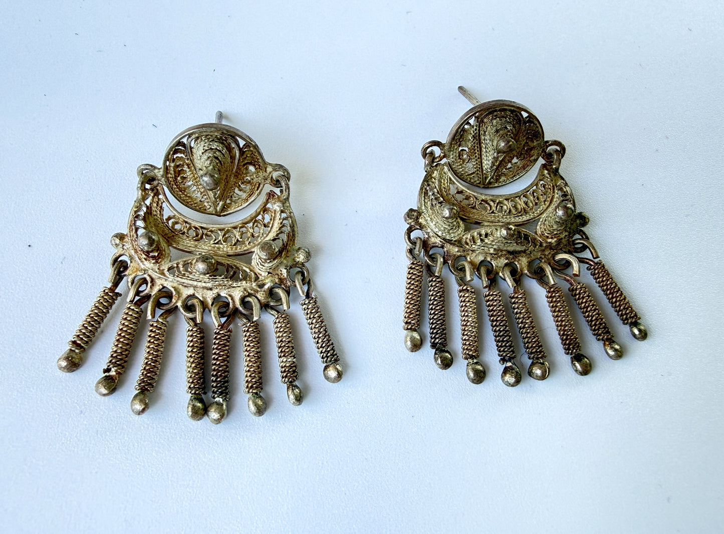 pair of ornate sterling silver dangle earrings vintage 1970s