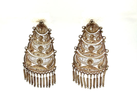 Vintage Artisan Filigree Tiered Sterling Silver Earrings Peru Chandelier Dangles 2.5" Long for Pierced Ears