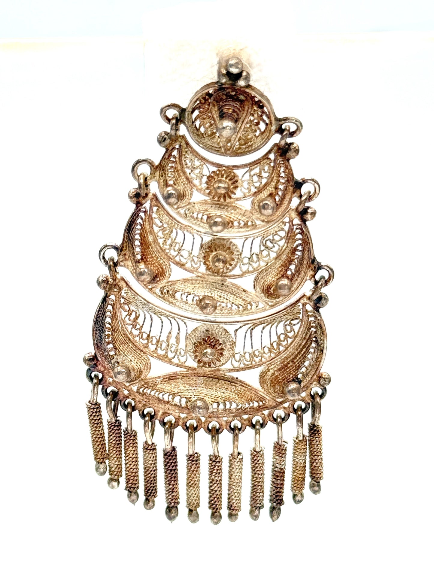 Vintage Artisan Filigree Tiered Sterling Silver Earrings Peru Chandelier Dangles 2.5" Long for Pierced Ears