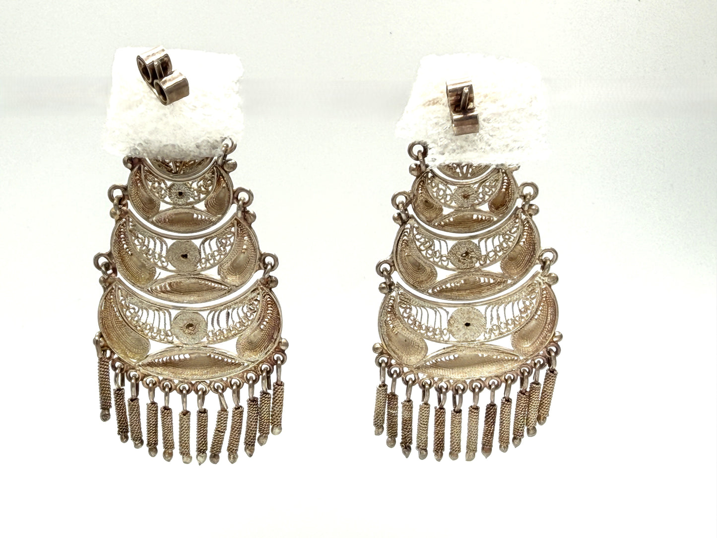 Vintage Artisan Filigree Tiered Sterling Silver Earrings Peru Chandelier Dangles 2.5" Long for Pierced Ears