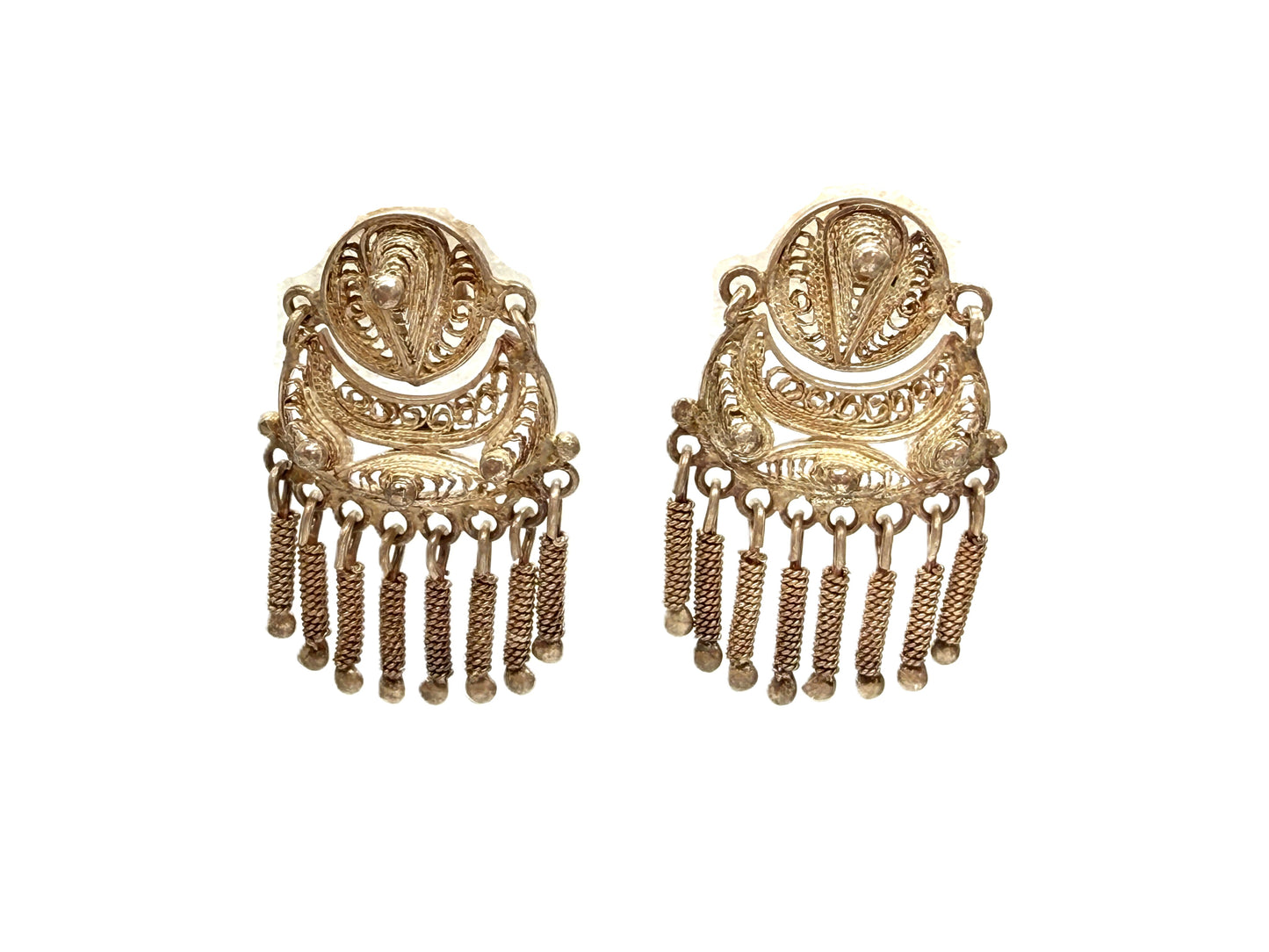 Vintage Filigree Sterling Silver Peru Artisan Earrings Chandelier Dangles for Pierced Ears