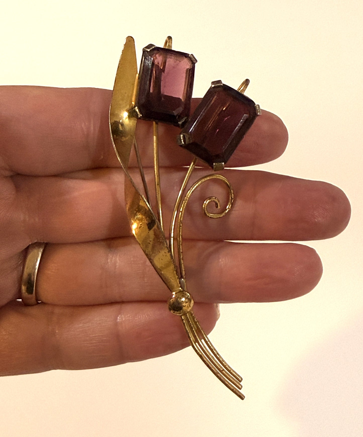 Vintage 1940s Sterling Silver Vermeil & Amethyst Glass Flower Brooch — Art Nouveau Style 3.5"