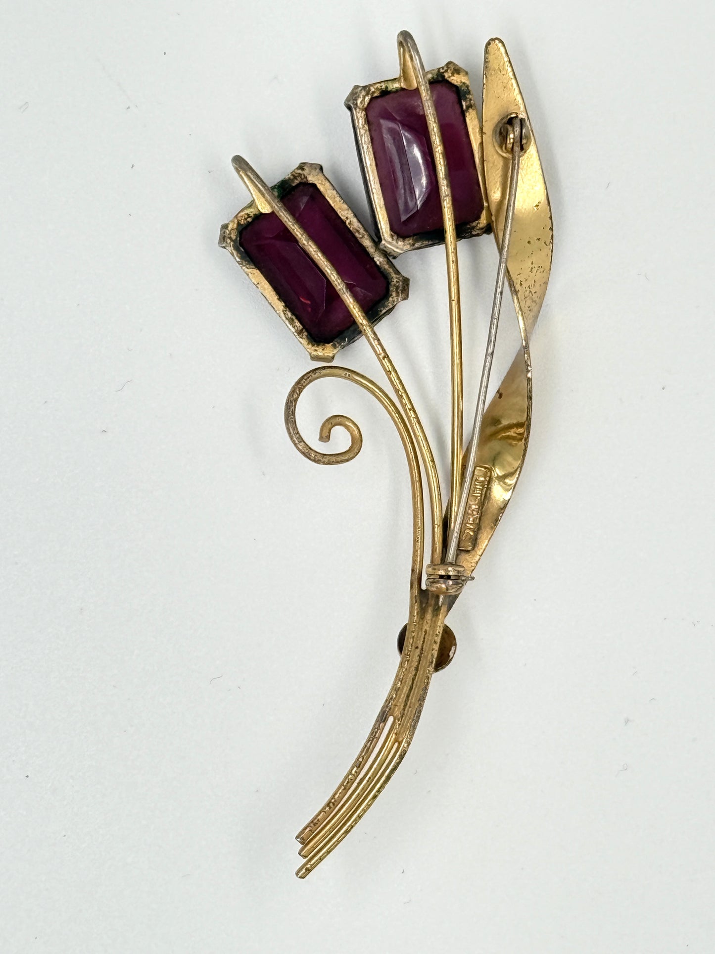 Vintage 1940s Sterling Silver Vermeil & Amethyst Glass Flower Brooch — Art Nouveau Style 3.5"