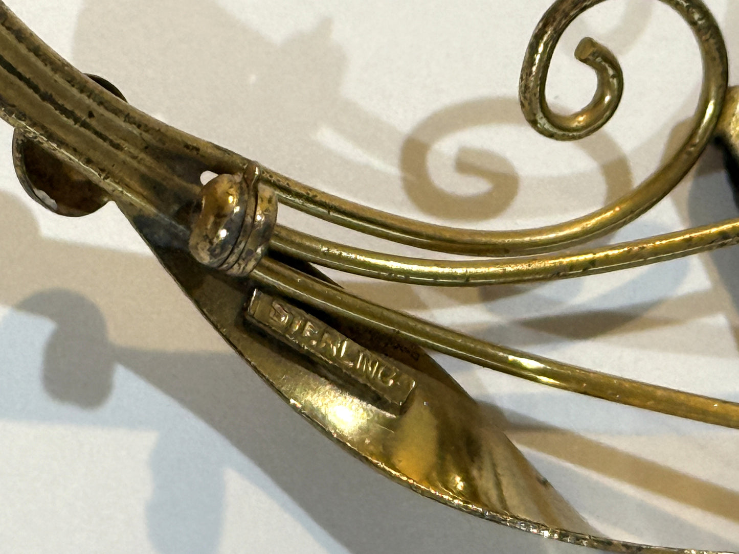 Vintage 1940s Sterling Silver Vermeil & Amethyst Glass Flower Brooch — Art Nouveau Style 3.5"