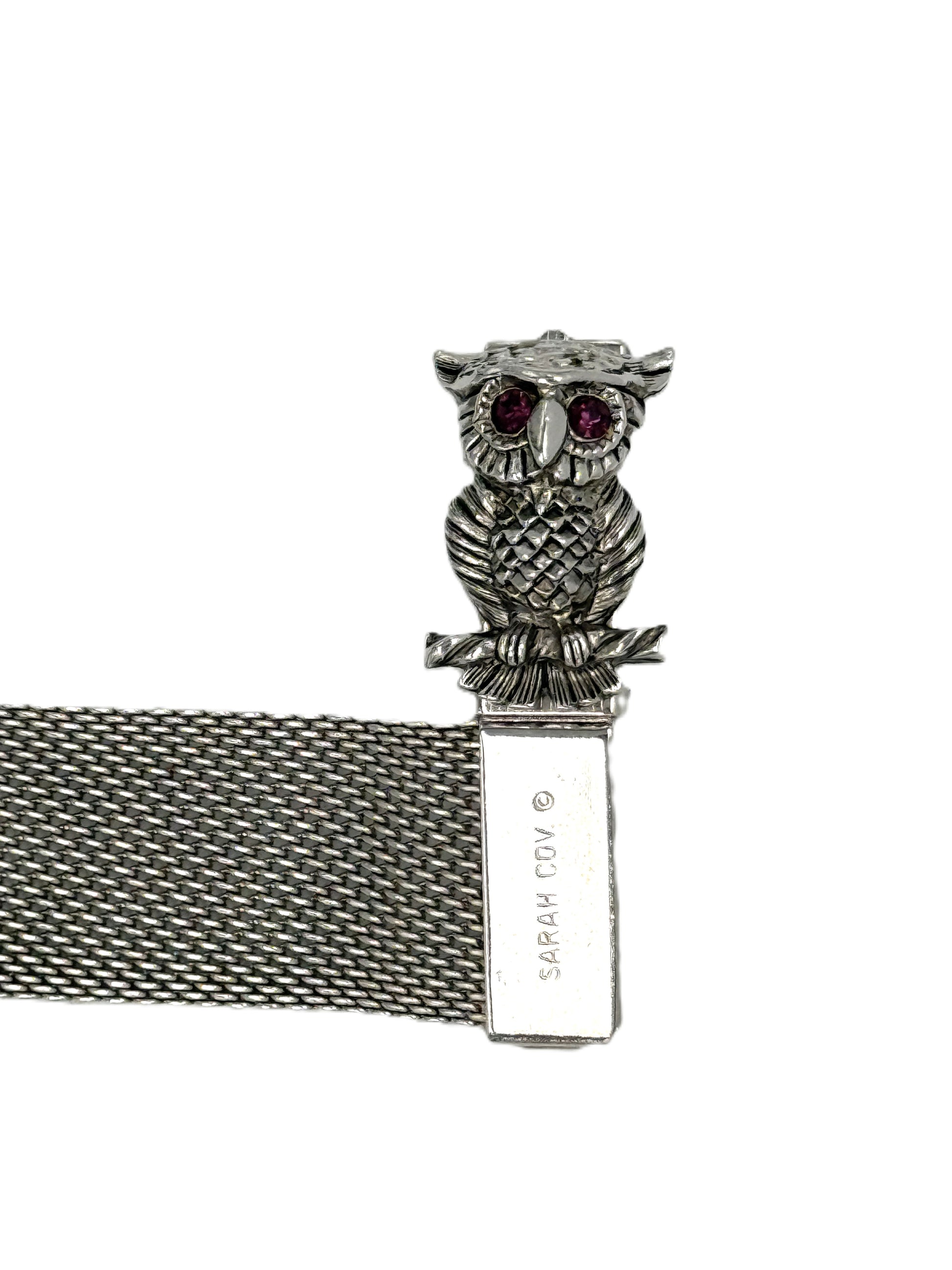 Sarah Cov 1970s nocturne owl bracelet silver tone mesh with 3D owl charm
