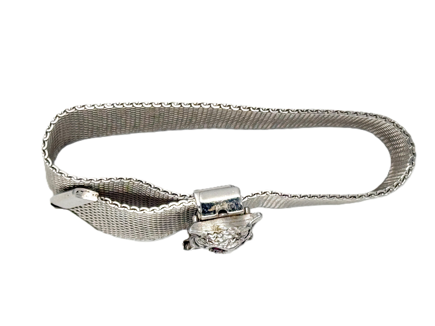 Vintage Sarah Coventry "Nocturne" Owl Mesh Bracelet — Signed | 1970s | Silver-Tone | Purple Rhinestone Eyes