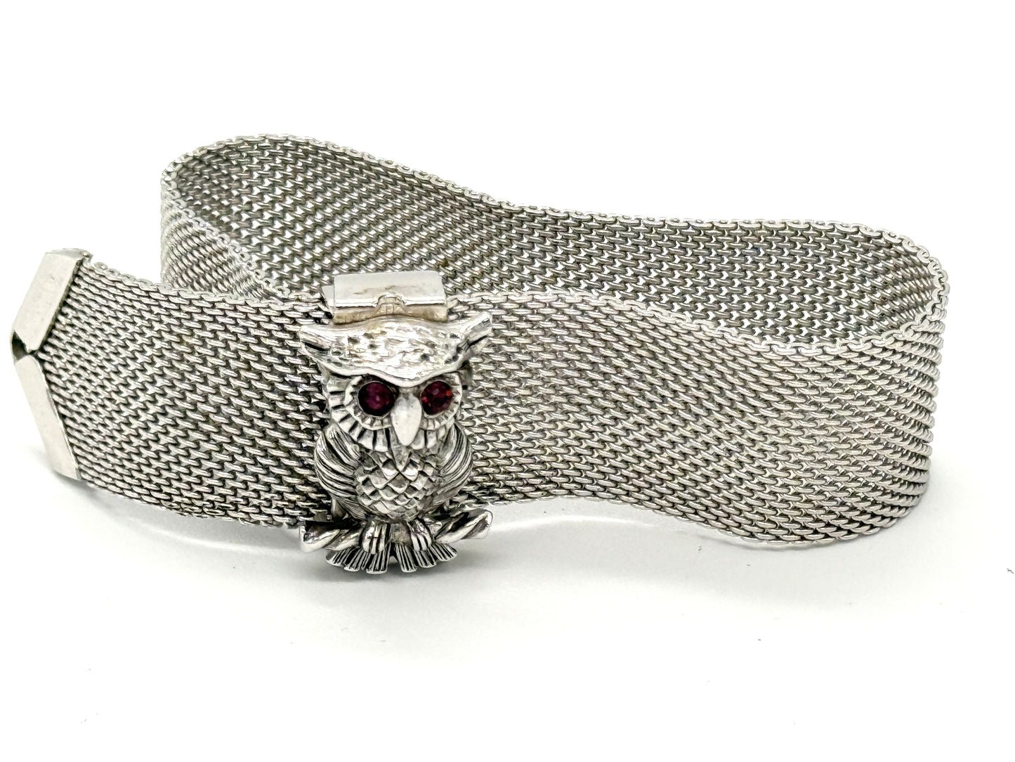 Sarah Coventry nocturne owl bracelet silver tone mesh with 3D owl charm