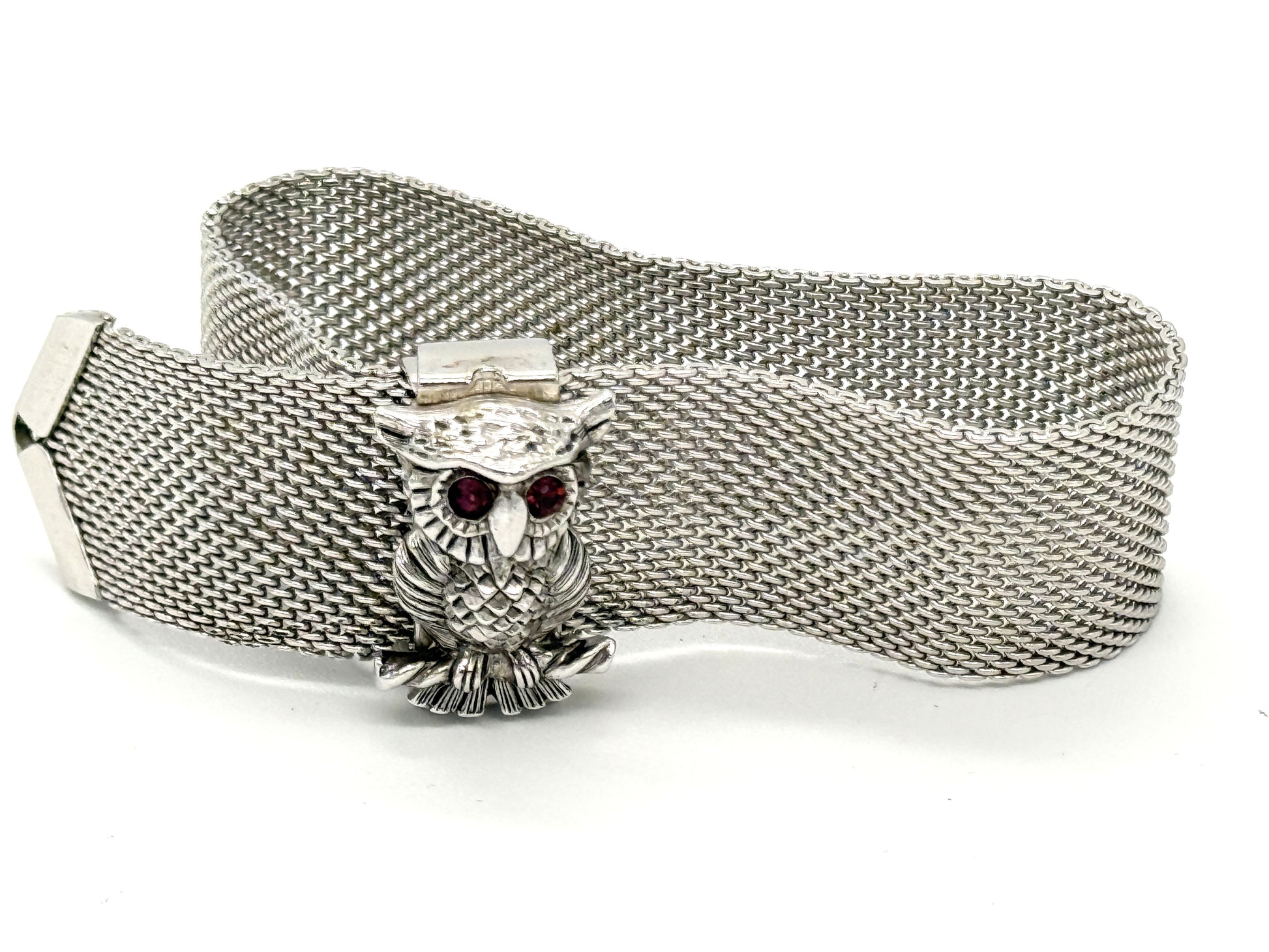 Sarah Coventry nocturne owl bracelet silver tone mesh with 3D owl charm