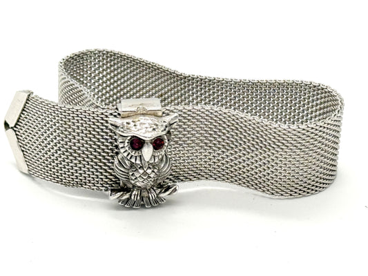 Sarah Coventry nocturne owl bracelet silver tone mesh with 3D owl charm